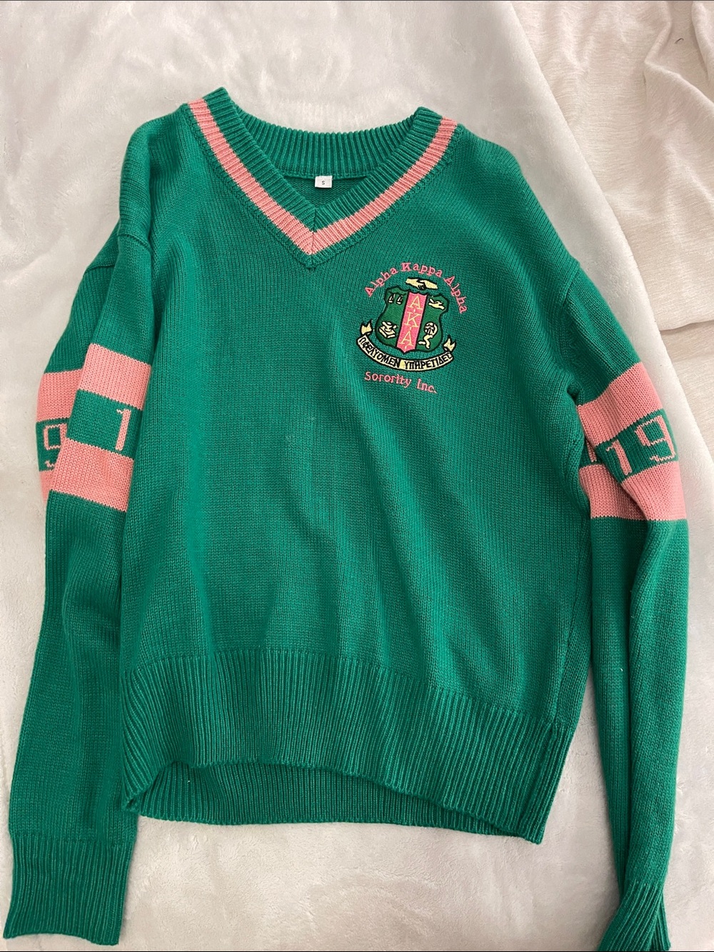 Green & Pink V-Neck Sorority Sweater